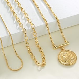 Gold Layered Necklaces for Women Girls Dainty Layering Coin Lock Eye Snake Pendant Jewelry Gifts