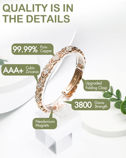 Pure Copper Bracelet for Women, Super Strong Magnetic Therapy Pain Relief Bracelet with 3800 Gauss Magnets and Sparkling Cubic Zirconia, Adjustable, Infinity Clover Jewelry