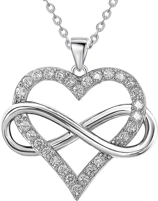 Infinity Heart Necklace for Women, Love Heart Pendant with Cubic Zirconia and Infinity Necklace, 925 Sterling Silver Heart Necklace for Girlfriend
